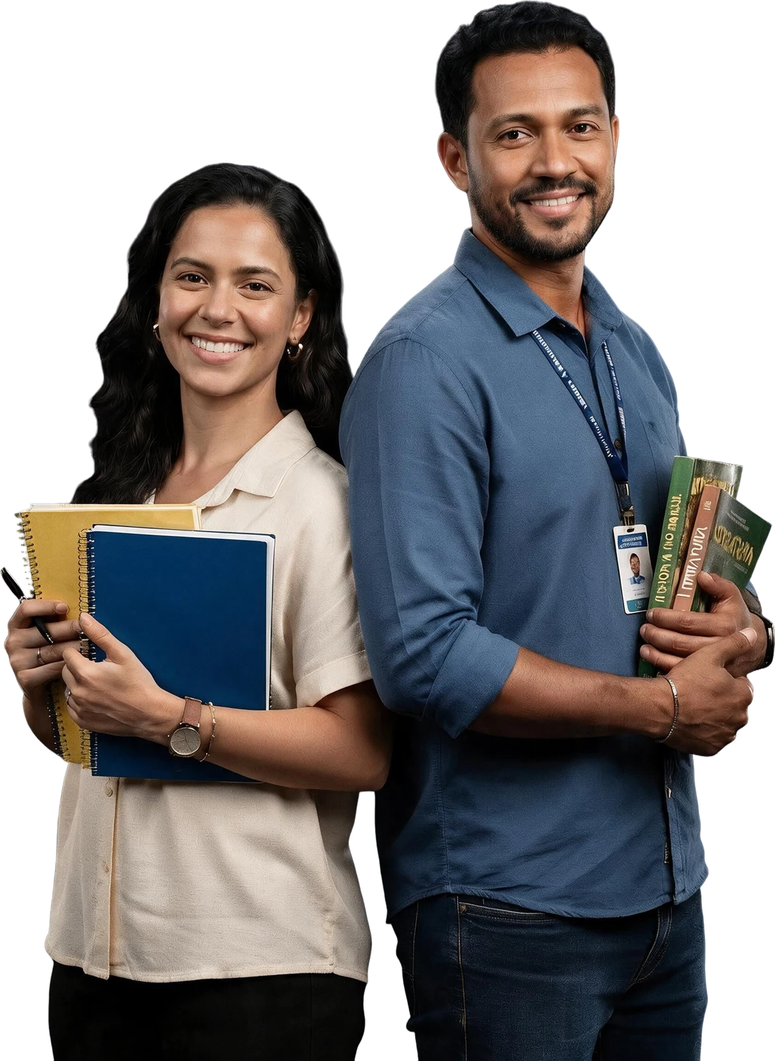 Professora e professor da rede municipal com cadernos e livros